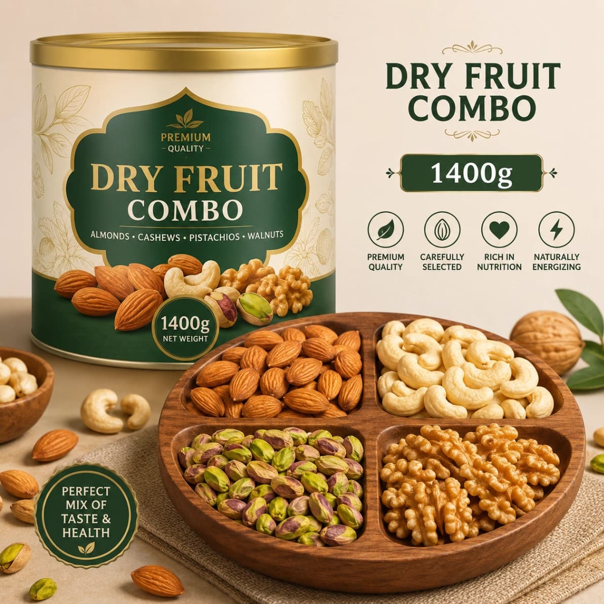 Lotus Mart Premium Dry Fruit Combo 1400g (Almond Cashews Pistachios Walnuts)